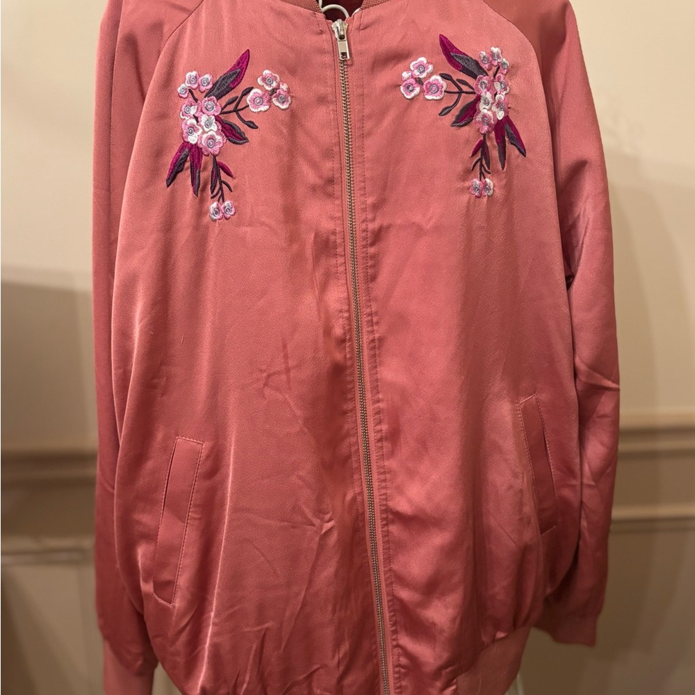 Floral Embroidered Pink Bomber Jacket